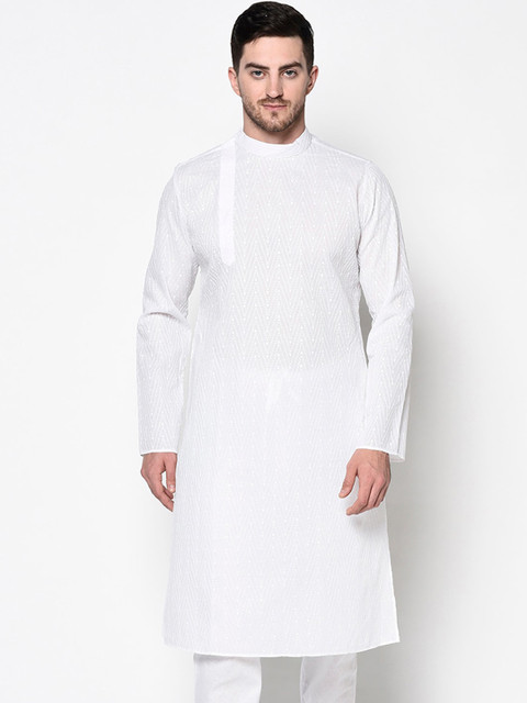 

Lamaaya Men White Chikankari Embroidered Straight Kurta