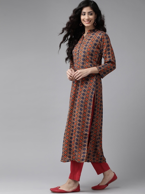 

Ginni Arora Label Women Navy Blue & Orange Ethnic Motifs Printed Kurta