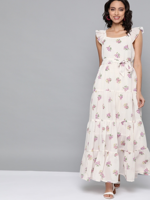 

HERE&NOW Women Off-White & Purple Floral Print Tiered Maxi Dress
