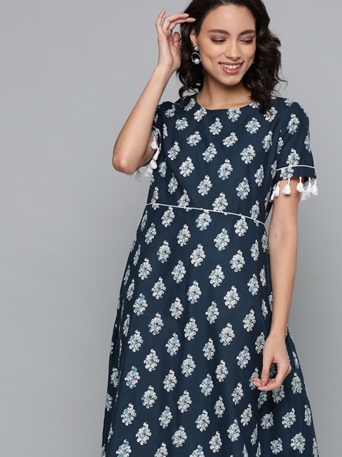 

HERE&NOW Women Navy Blue & Off-White Pure Cotton Printed A-Line Midi Dress