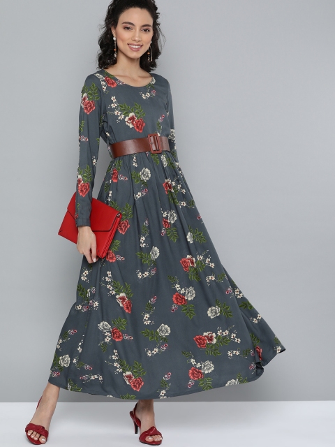 

HERE&NOW Women Charcoal Grey & Red Floral Printed Maxi Dress with Belt