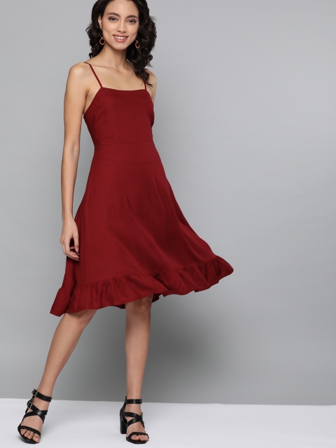

HERE&NOW Women Maroon Solid Styled Back Fit & Flare Dress