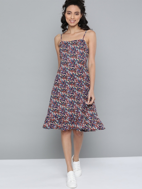 

HERE&NOW Women Navy Blue & White Floral Print Cotton A-Line Dress