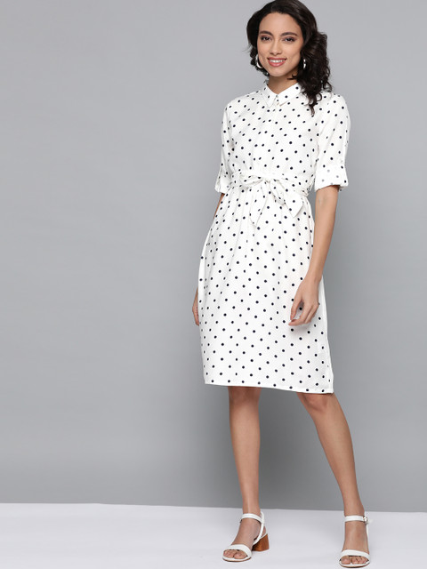 

HERE&NOW Women White & Black Polka Dots Print Shirt Dress with Belt