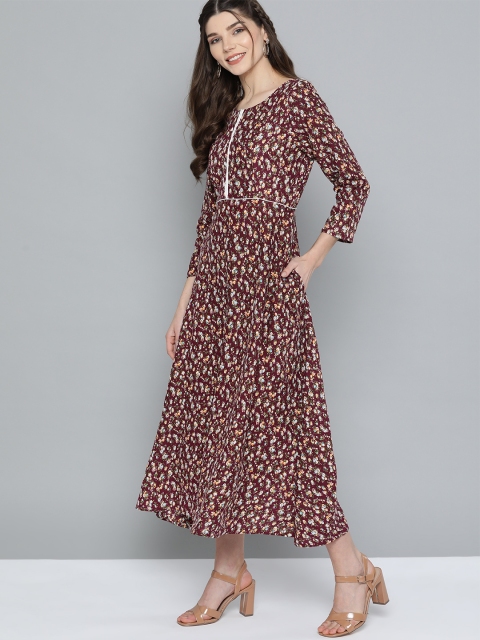

HERE&NOW Women Maroon & White Floral Print A-Line Dress