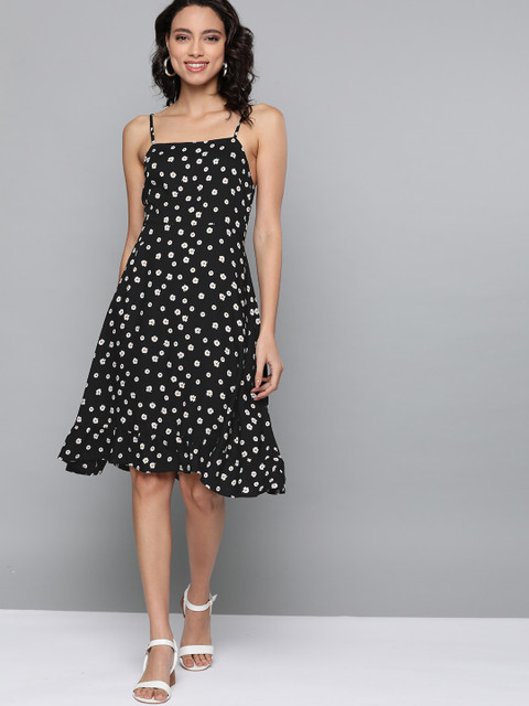 

HERE&NOW Women Black Floral Print Fit & Flare Dress