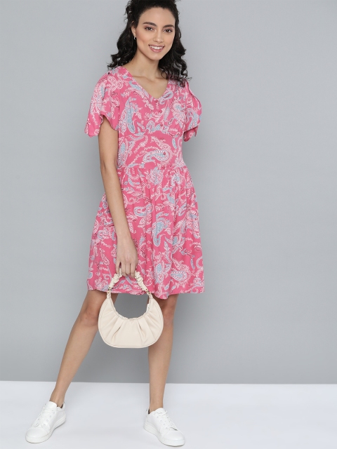 

HERE&NOW Women Pink & White Printed A-Line Dress