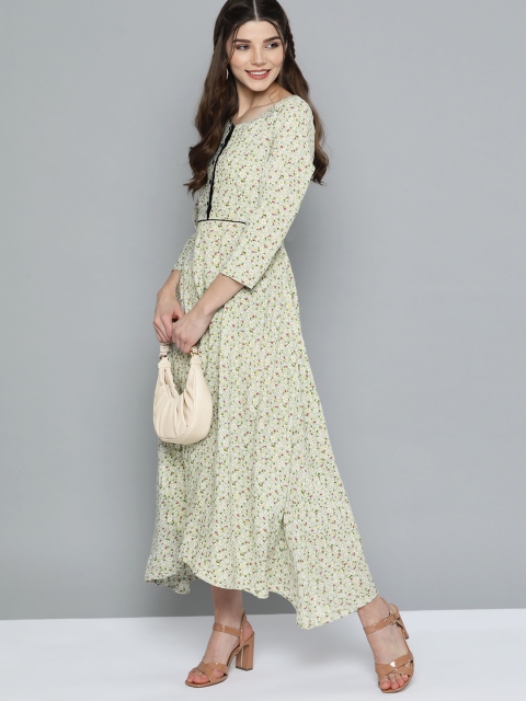 

HERE&NOW Women Green & off-White Floral Print A-Line Dress