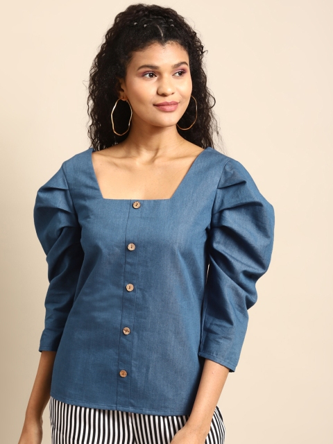 

DODO & MOA Women Blue Puff Sleeves Chambray Regular Top