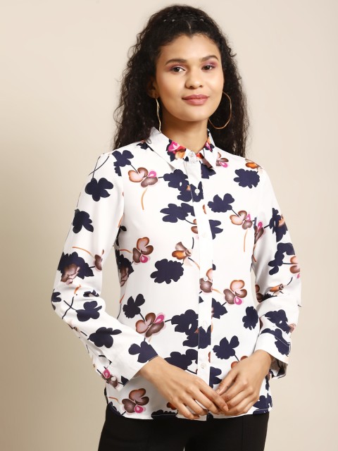 

DODO & MOA Women White & Navy Floral Print Casual Shirt