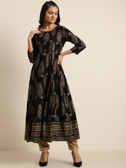 

Shae By Sassafras Women Black & Golden Paisley Foil Print Liva Anarkali Kurta
