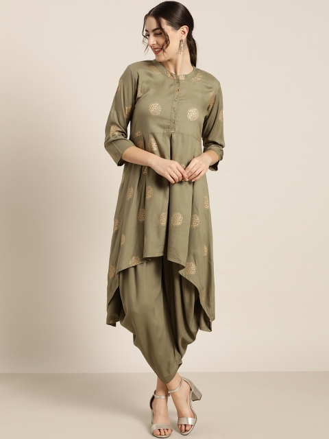 

Shae by SASSAFRAS Women Olive Green Liva Foil Print High-Low Kurta with Dhoti Pants