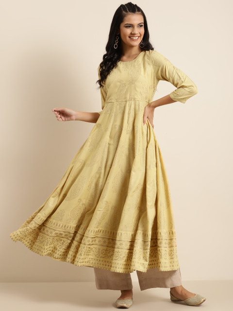 

Shae By Sassafras Women Beige & Golden Paisley Foil Print Liva Anarkali Kurta