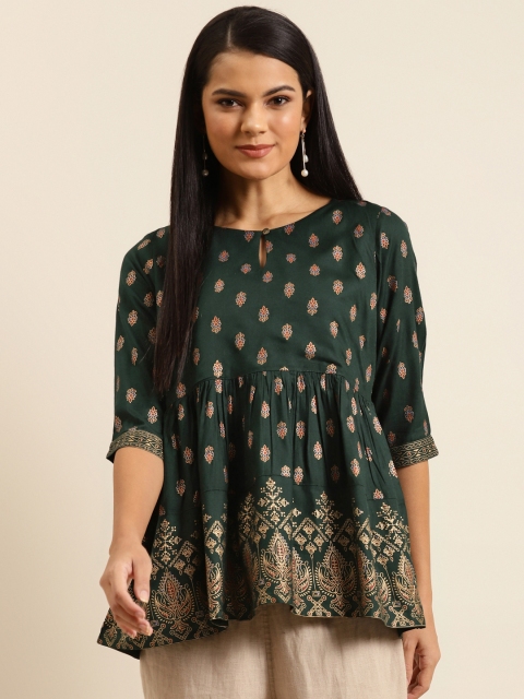 

Shae By Sassafras Green & Golden Ethnic Motif Printed Liva A-line Top