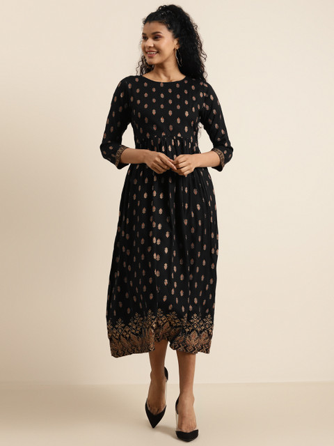 

Shae by SASSAFRAS Women Black & Golden Liva Printed A-Line Dress