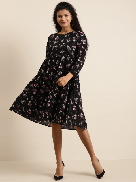 

Shae by SASSAFRAS Women Black & Pink Pure Cotton Floral Print Tiered A-Line Dress