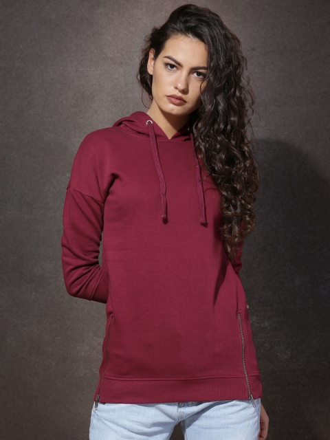 

Roadster Women Burgundy Solid Hooded Sweatshirt