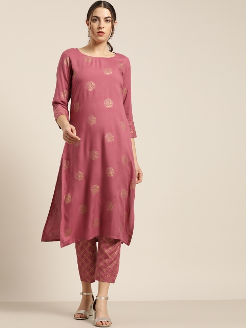 

Shae by SASSAFRAS Women Pink & Golden Liva Foil Print Kurta with Trousers