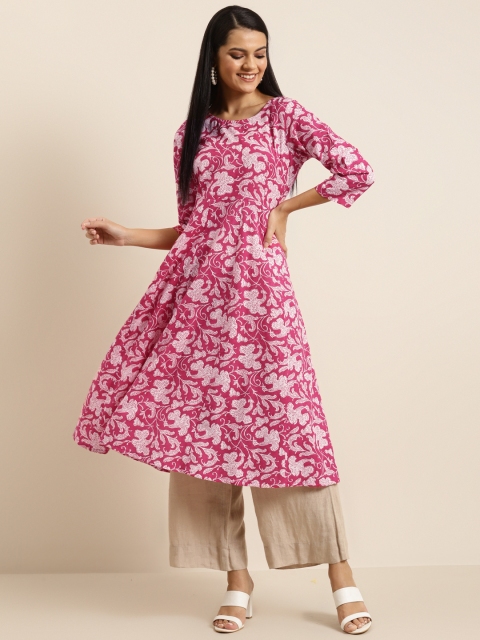 

Shae By Sassafras Women Pink & Off White Floral Printed A-Line Kurta