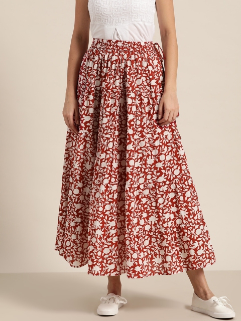 

Shae by SASSAFRAS Women Maroon & White Pure Cotton Floral Print Maxi Tiered Skirt