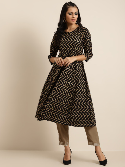 

Shae By Sassafras Women Black & Golden Chevron Printed Anarkali Kurta