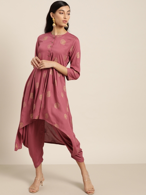 

Shae by SASSAFRAS Women Pink & Golden Liva Foil Print High-Low Kurta with Dhoti Pants