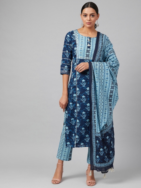 

Vasudha Women Blue Block Printed Kurta with Trousers & Dupatta