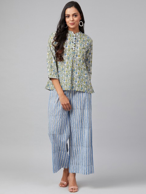 

Vasudha Women White & Blue Printed Top with Palazzos