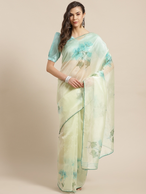 

Shangrila Creation Cream-Coloured & Blue Organza Floral Printed Saree