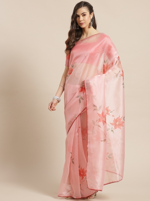 

Shangrila Creation Peach-Coloured Floral Printed Organza Saree