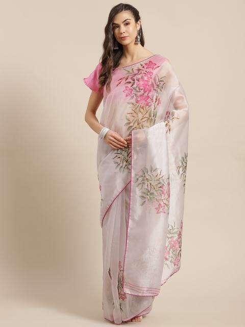 

Shangrila Creation Grey & Pink Floral Printed Organza Saree