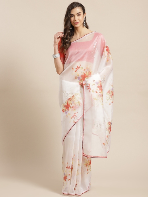 

Shangrila Creation White & Rust Floral Printed Organza Saree