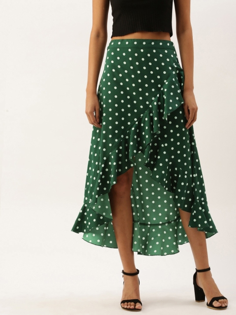 

Berrylush Women Green & White Polka Print Wrap Midi Skirt