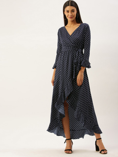 

Berrylush Women Navy Blue Printed Wrap High-Low Hem Maxi Dress with Ruffle Detail
