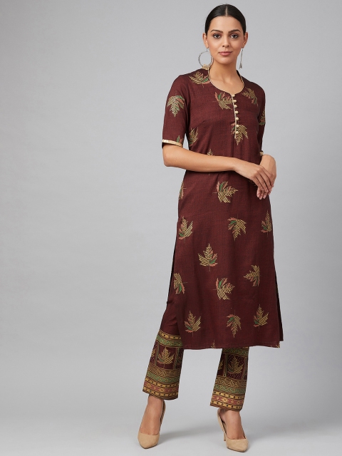 

Tulsattva Women Maroon & Golden Printed Kurta with Trousers
