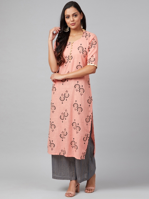 

Tulsattva Women Peach-Coloured & Grey Printed Kurta with Palazzos