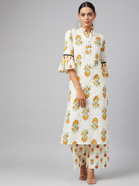 

Tulsattva Women Off-White & Yellow Printed Kurta with Palazzos, Coffee brown