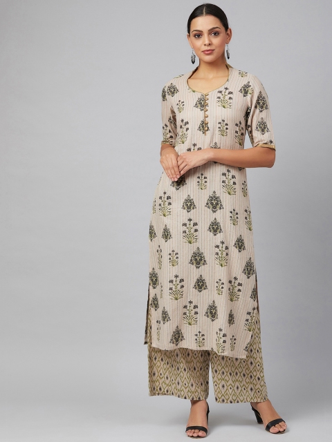 

Tulsattva Women Grey & Green Printed Kurta with Palazzos