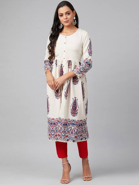 

Tulsattva Women Off White & Navy Blue Pure Cotton Block Print Handloom A-Line Kurta
