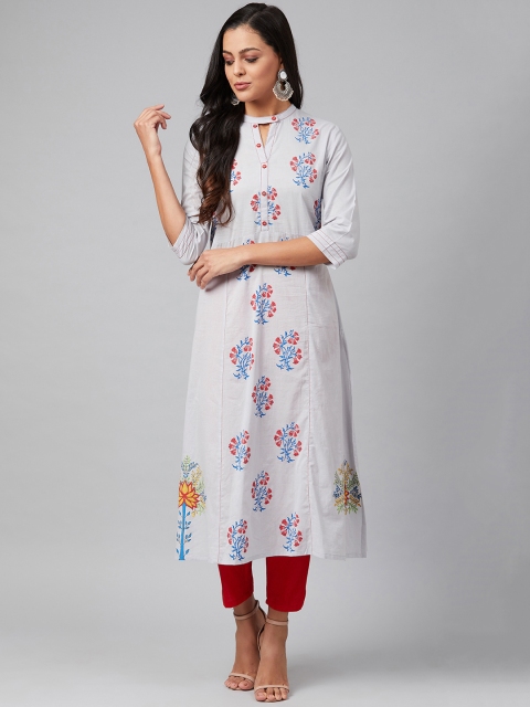 

Tulsattva Women Grey & Blue Ethnic Motifs Printed Keyhole Neck Block Print A-Line Kurta