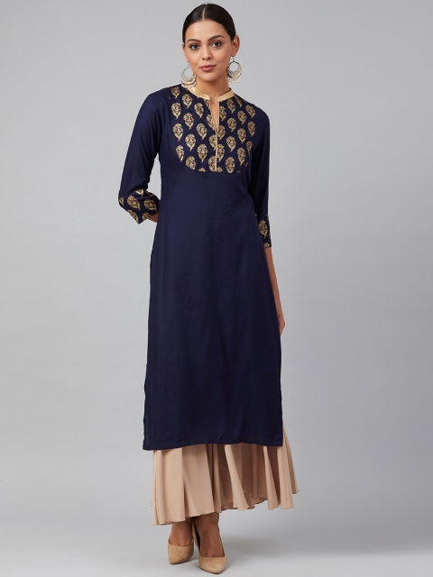 

Tulsattva Women Navy Blue & Golden Yoke Design Block Print Straight Kurta