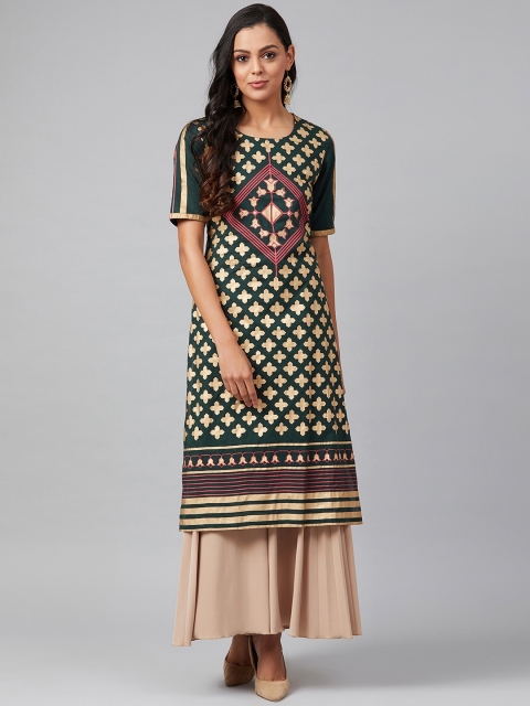 

Tulsattva Women Green & Golden Geometric Printed Block Print Straight Kurta