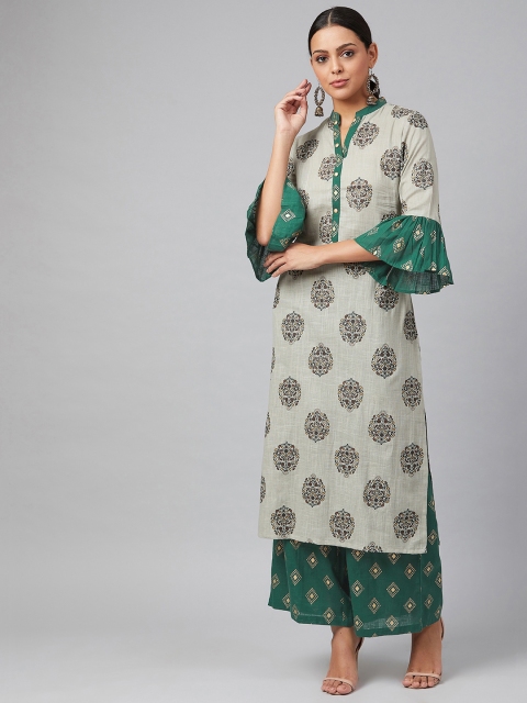 

Tulsattva Women Grey & Green Printed Kurta with Palazzos