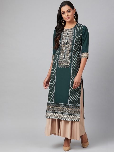 

Tulsattva Women Green & White Ethnic Motifs Printed Block Print Straight Kurta