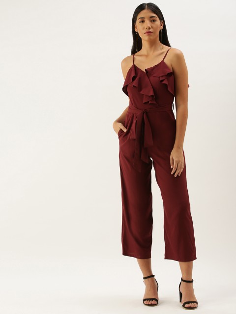 

Berrylush Women Maroon Solid Ruffled Basic Jumpsuit