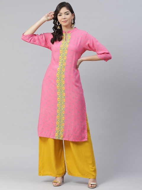 

Shree Women Pink & Blue Geometric Printed Liva Kurta