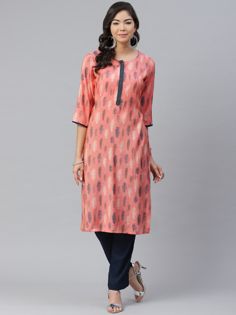 

Shree Women Peach-Coloured & Navy Blue Liva Printed Kurta with Trousers