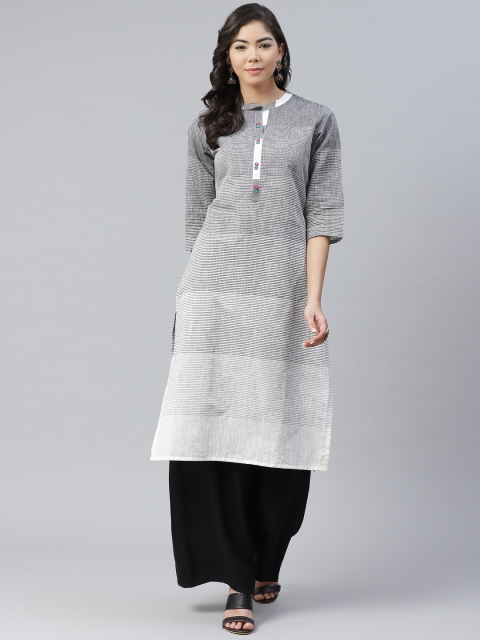 

Shree Women Grey & White Striped Pure Cotton Thread Work Kurta