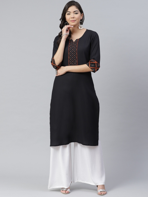 

Shree Women Black Geometric Yoke Design Liva Kurta