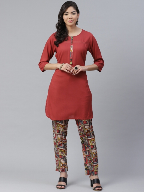 

Shree Women Red Liva Solid Kurti with Trousers